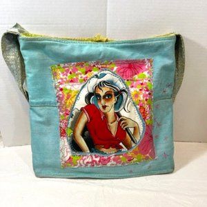Handmade in The Keys Jean Floral Fabric Applique Girl Hobo Tote Bag Large 13x13"